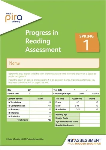 NEW PIRA TEST 1, SPRING PK10 (PROGRESS IN READING ASSESSMENT)