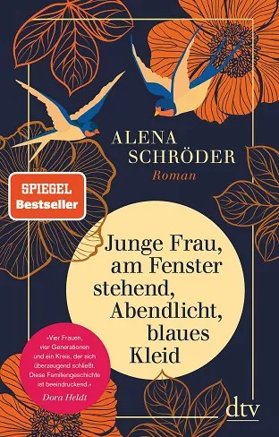 JUNGE FRAU, AM FENSTER STEHEND, ABENDICHT, BLAUES KLEID: ROMAN