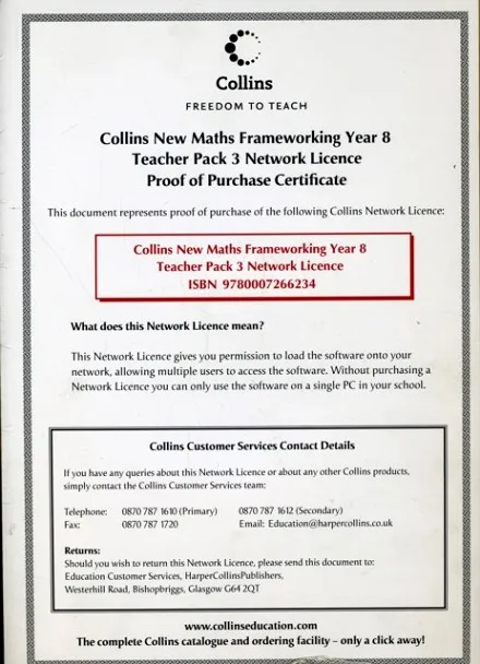 COLLINS MATHS FRAMEWORKING YEAR 8 TEACHER'S GUIDE BOOK 3 (LEVELS 6–7): NETWORK LICENCE (DOWNLOAD 2ND EDITION) *DIGITAL*