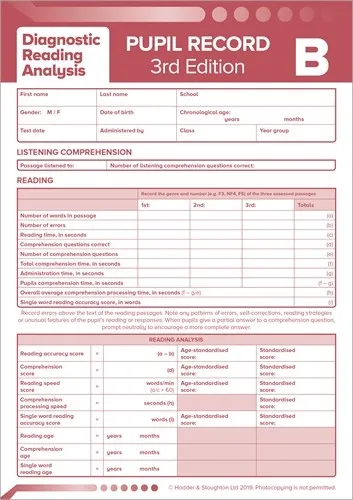 DRA PUPIL RECORD SHEET B 3ED PK10 (DIAGNOSTIC READING ANALYSIS)