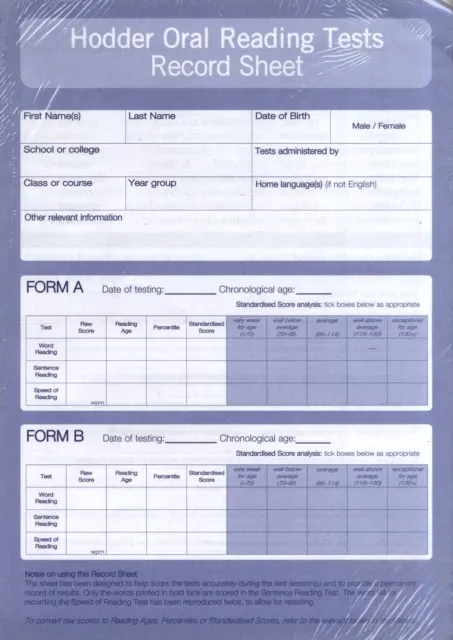 HODDER ORAL READING TESTS: RECORD SHEET PK10
